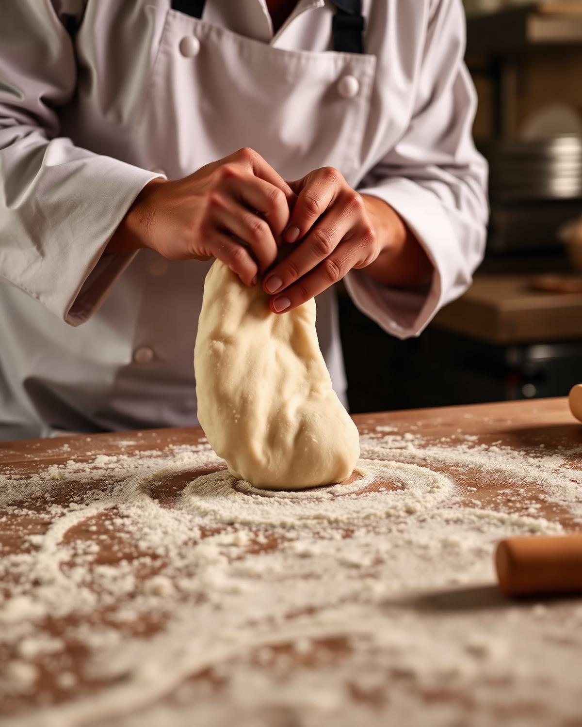 Chef hand-stretching fresh pizza dough